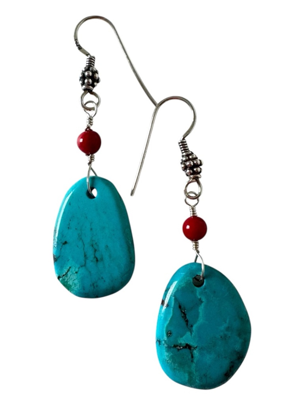 Sundance 925 Sterling Silver Turquoise Slab Red Coral Drop Earrings NEW